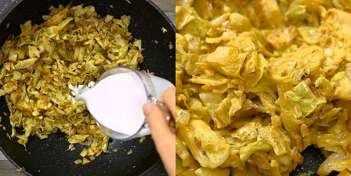 adding coconut milk to the cabbage