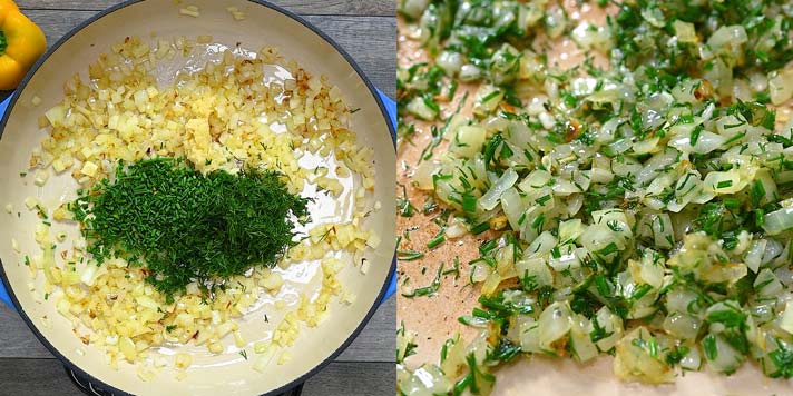 adding herbs to the onion