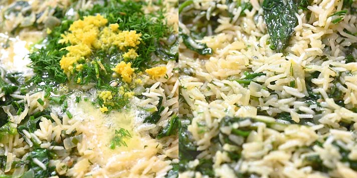 adding lemon juice, lemon zest, and fresh dill