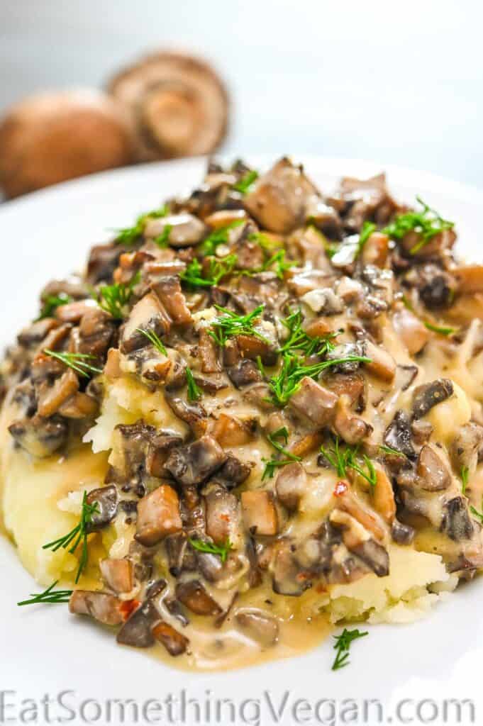 Mushroom Sauce poured over mashed potatoes