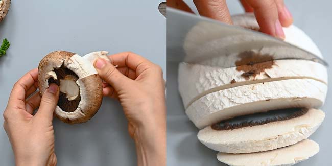 peeling the mushrooms
