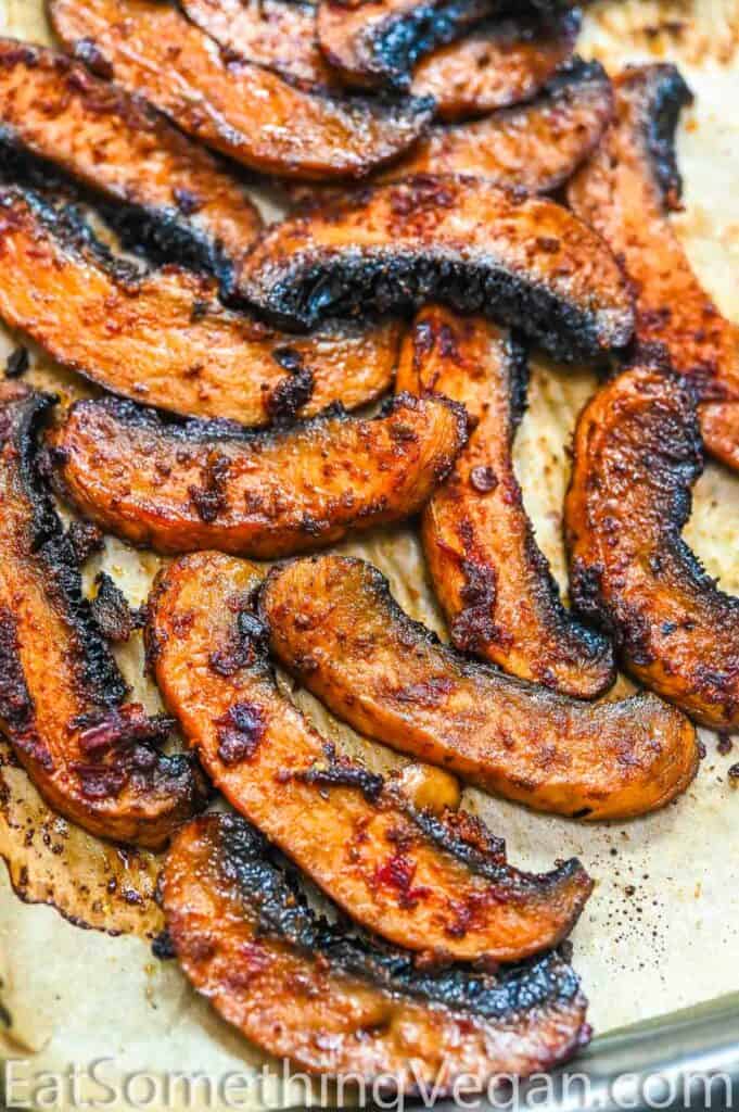 Baked portobello mushrooms on a tray