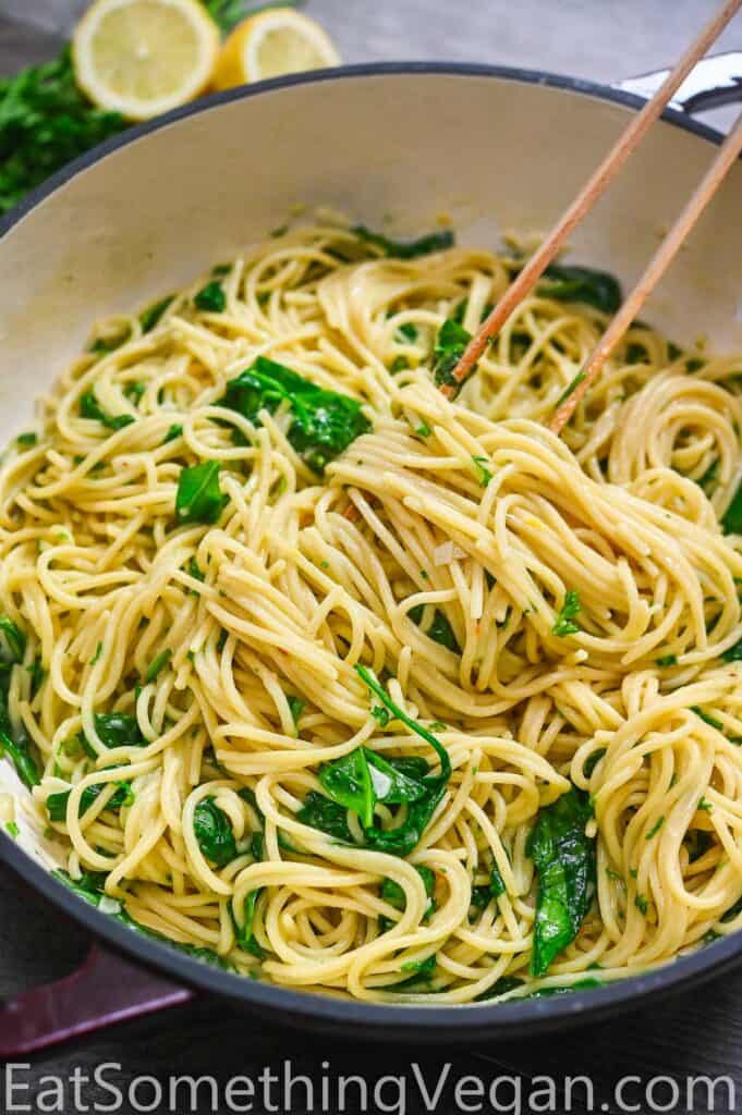 Lemon Spaghetti in the skillet