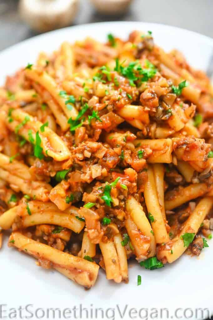 Mushroom Bolognese Pasta on a white plate