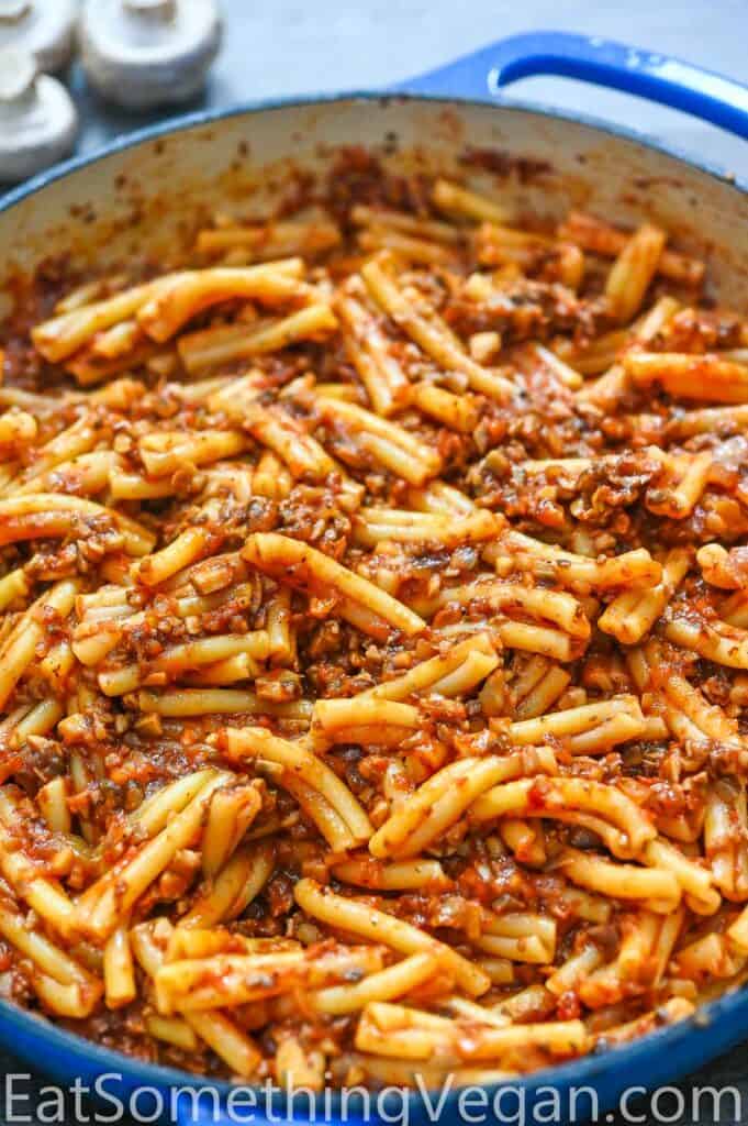 Mushroom Bolognese Pasta in the skillet