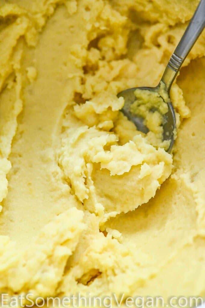 Vegan Mashed Potatoes on a spoon Close Up.