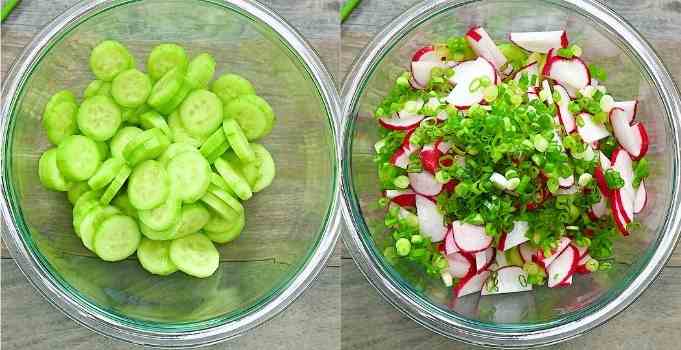 cutting the veggies and placing in a bowl