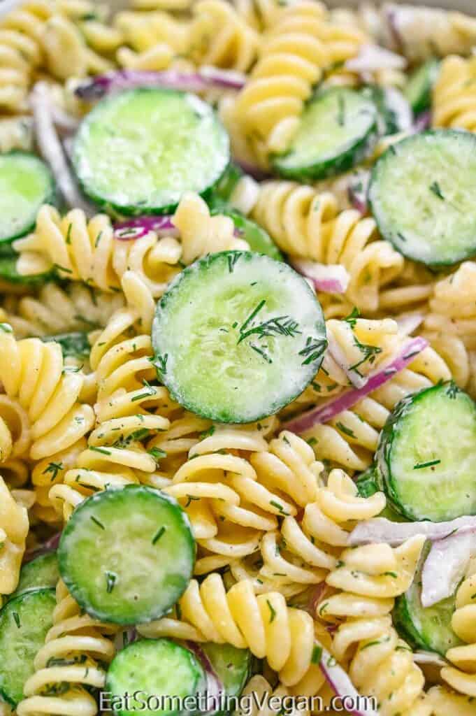 Cucumber Pasta Salad close up shot