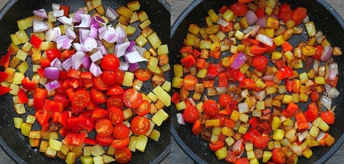 adding the veggies to potatoes