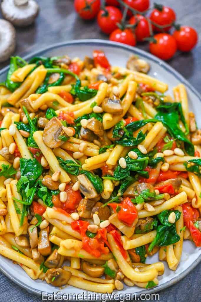 Tomato Mushroom Spinach Pasta on a plate