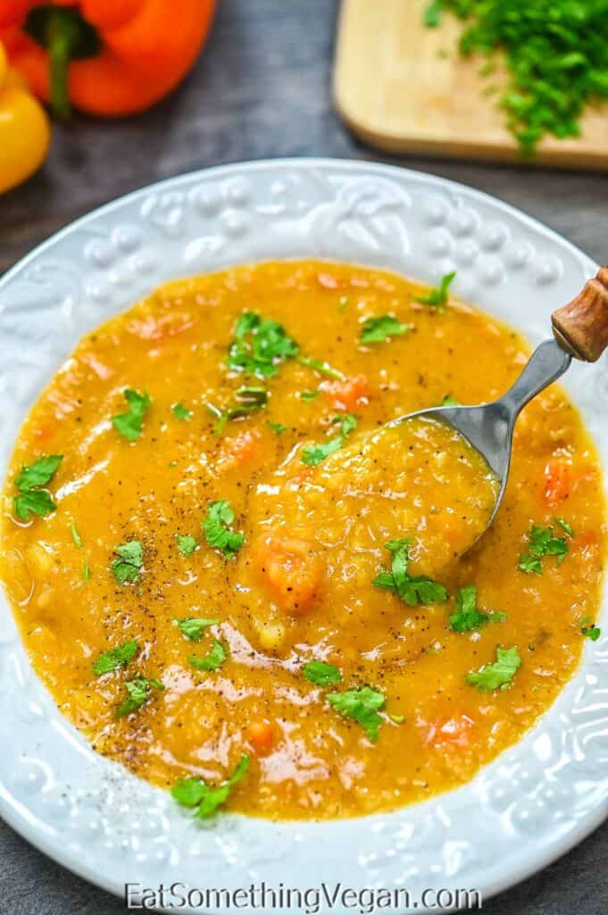 Red Lentil Soup in a white bowl