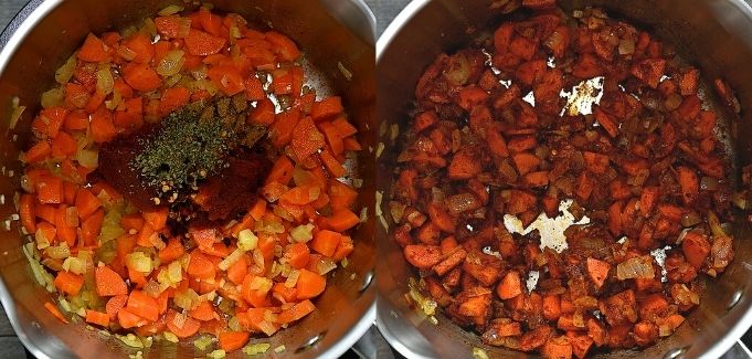 adding spices to the vegetables