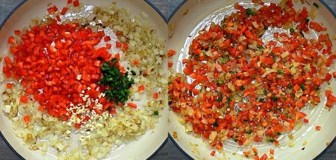 adding peppers and garlic to onion