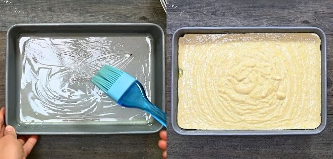 greasing the baking pan and pouring batter