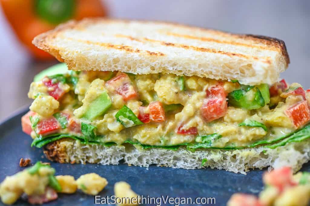 Vegan Curried Chickpea Salad Sandwich shown from the inside