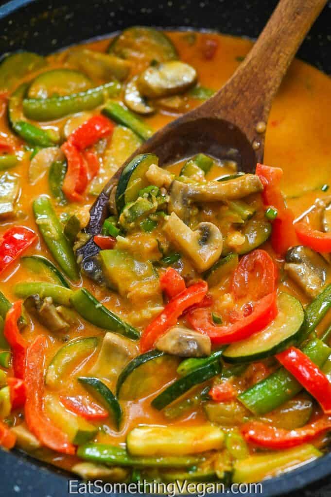 Red Thai Curry Vegetable Stew on a laddle