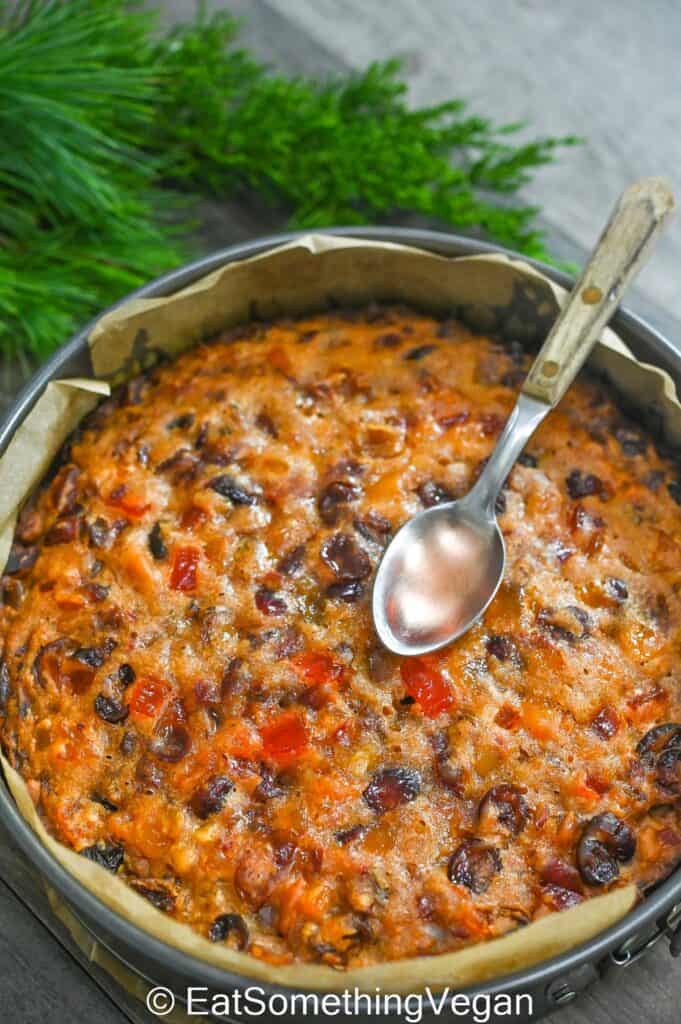 Vegan Christmas Cake in a baking pan