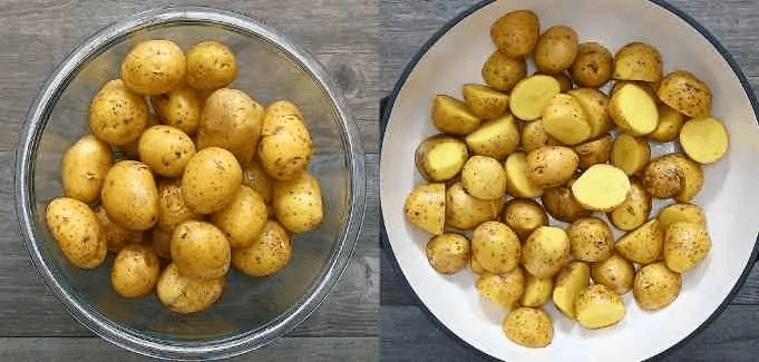 cutting potatoes in half