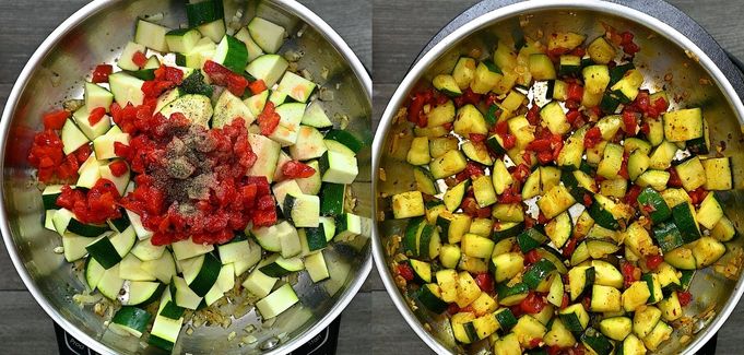 adding zucchini and roasted peppers