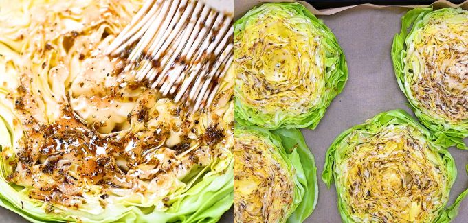 brushing cabbage steaks with marinade