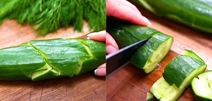 Cucumber being smashed and cut