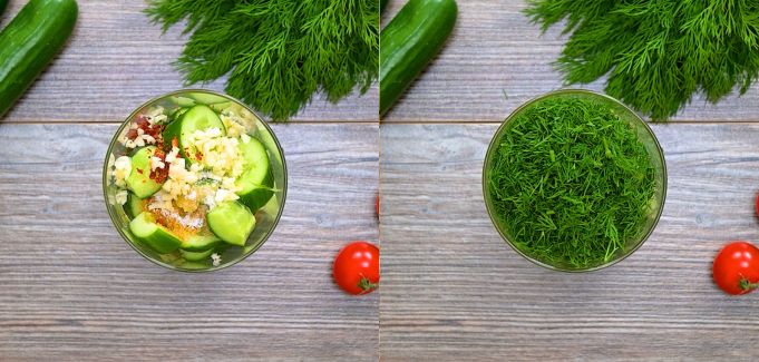 Cucumbers in a jar with seasonings and dill on top