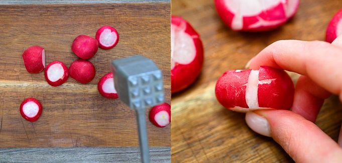 Whole and smashed radishes