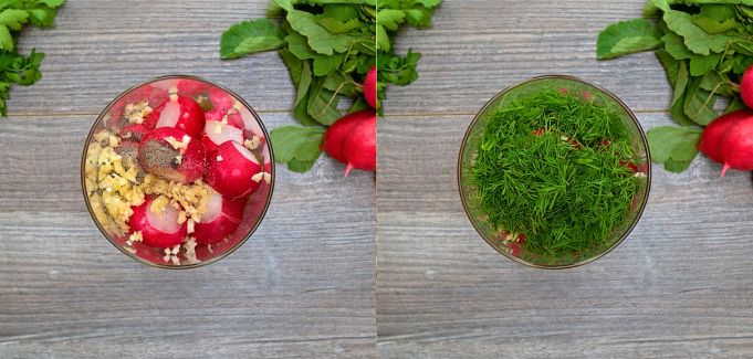 Jar of smashed radishes with seasoning and dill