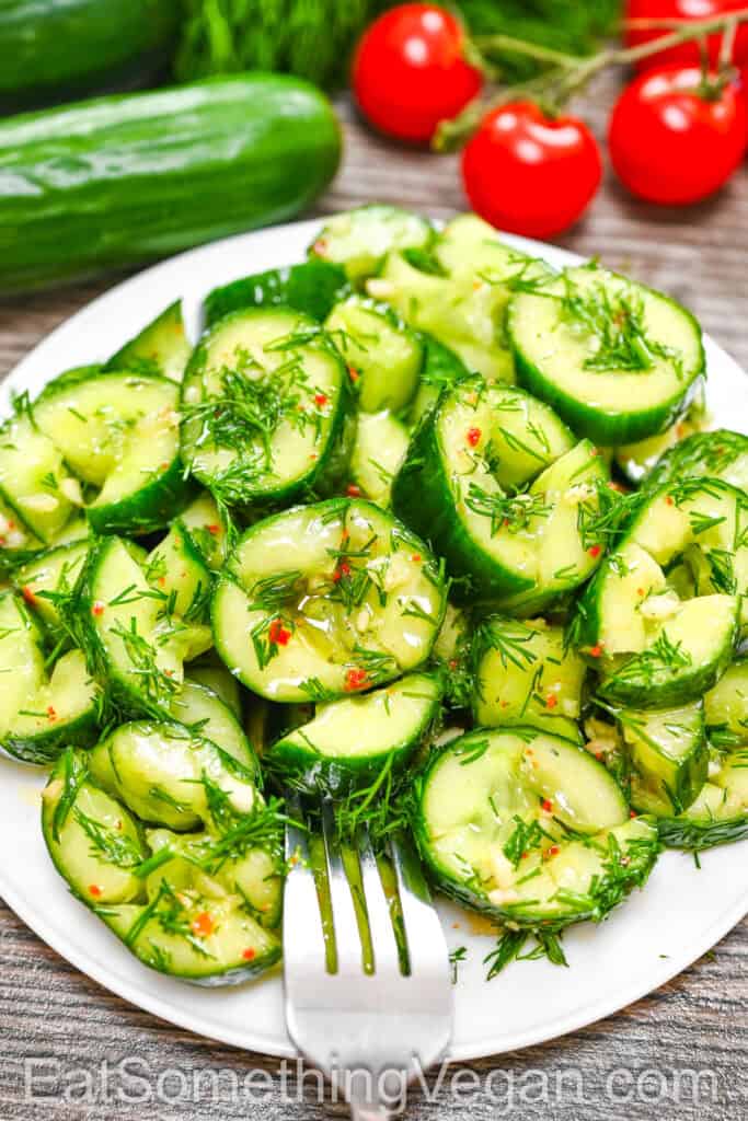Smashed Pickled Cucumbers, served on a plate