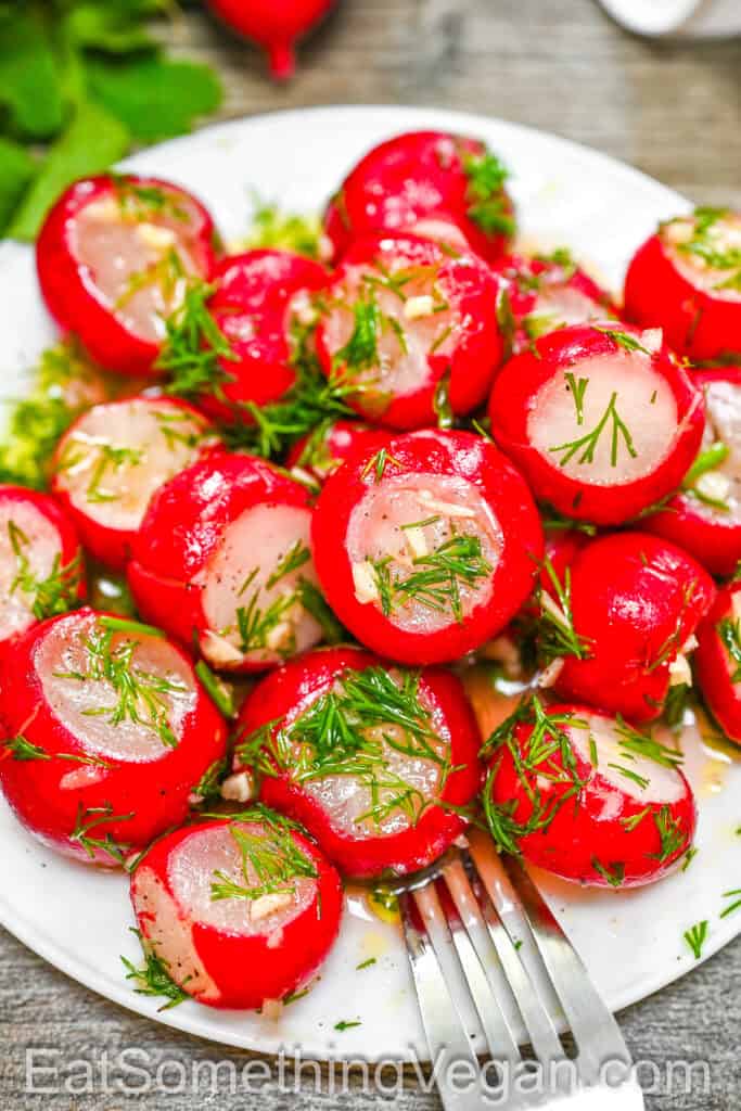 Smashed Pickled Radishes served on a plate