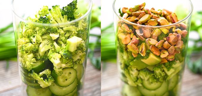 Layered salad ingredients in a jar