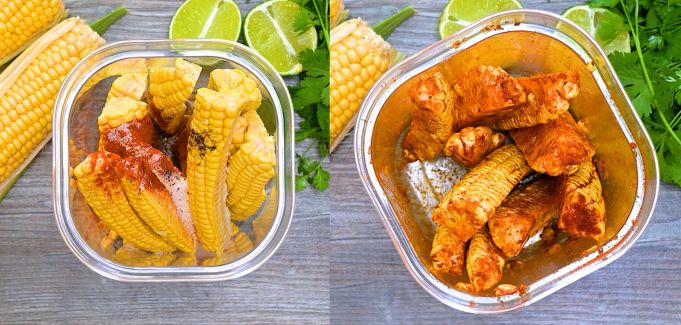 Corn ribs in a container before and after shaking with spices