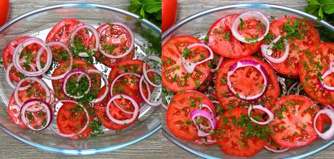 Layered tomatoes, onion, and parsley in a glass dish