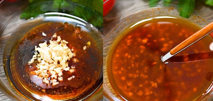 Garlic dressing being mixed in a bowl