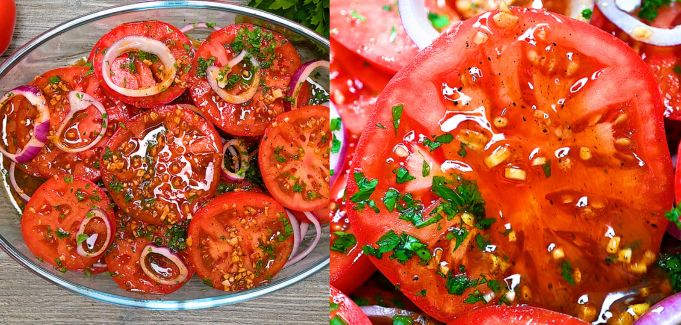 Tomatoes coated with garlic dressing in a container