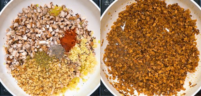 Cooking mushroom filling in a skillet