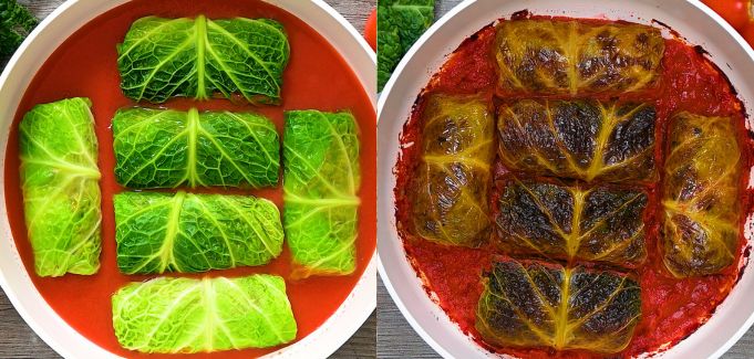 Cabbage rolls before and after baking in tomato sauce