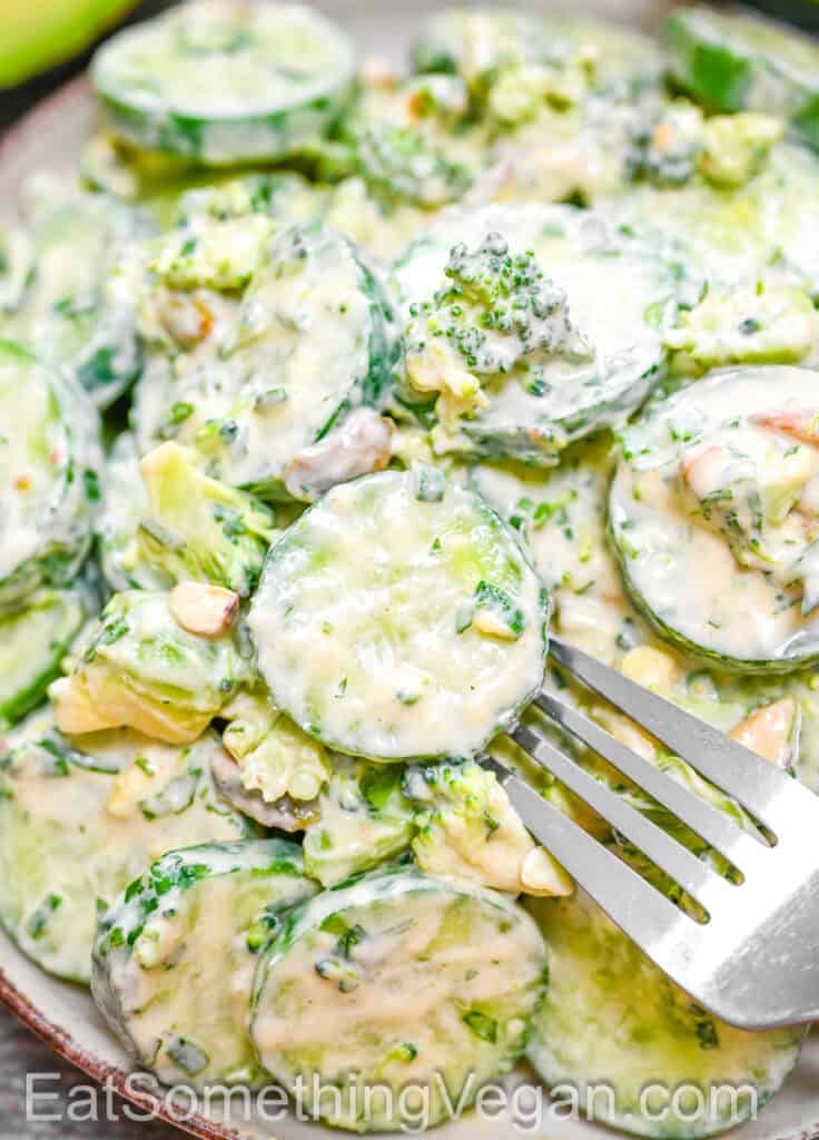 Broccoli Crunch Salad close-up with a fork