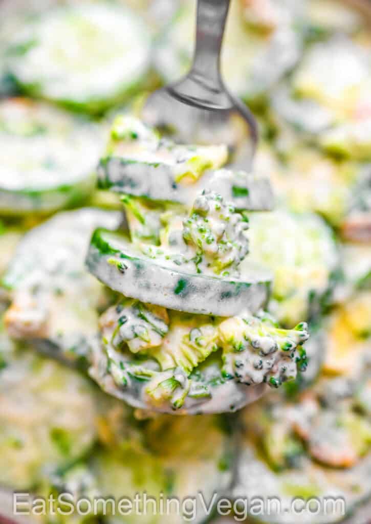 Broccoli Crunch Salad on a fork
