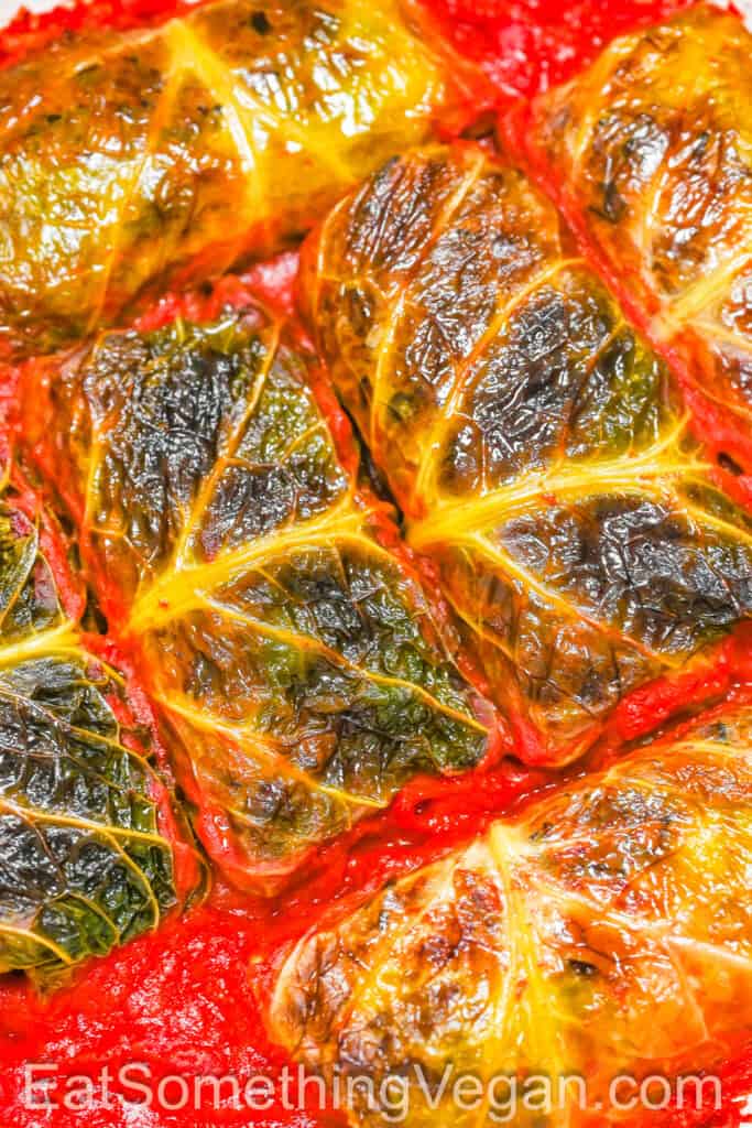 Vegan Cabbage Rolls baked in marinara sauce until golden and tender