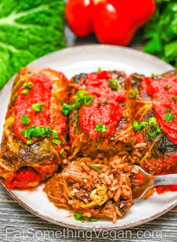 Vegan Cabbage Rolls with sauce and fork