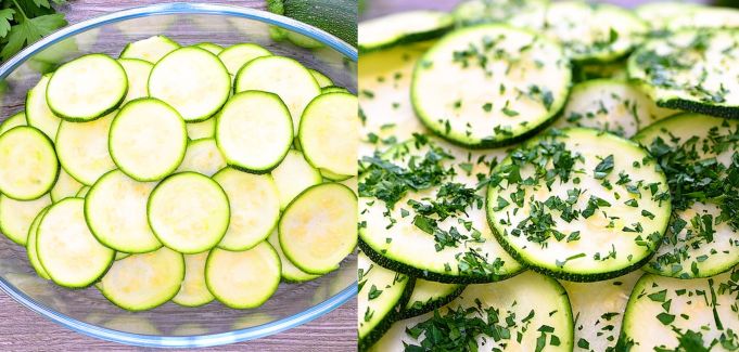 Sliced zucchini in a container topped with chopped parsley