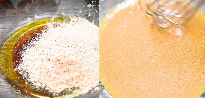 Whisking the dressing in a bowl