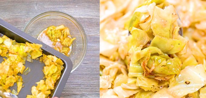 Adding roasted cabbage to the dressing and tossing to combine