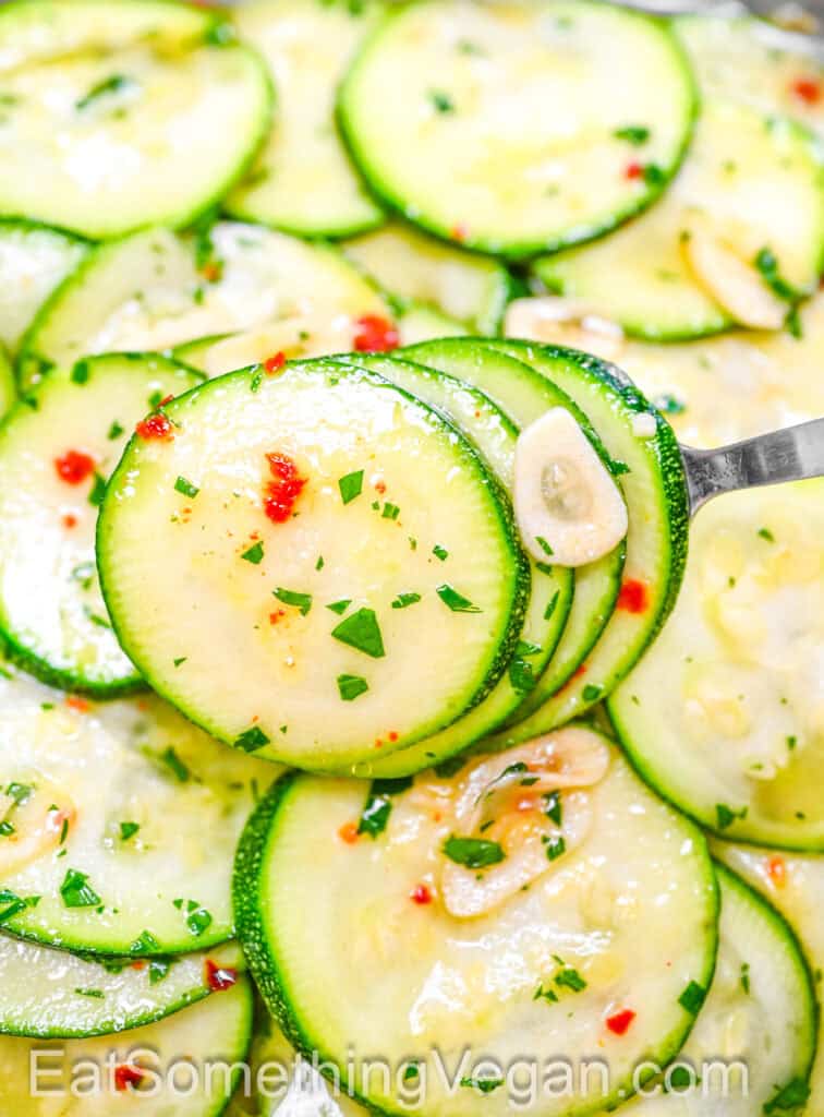 Marinated Zucchini close-up on a fork