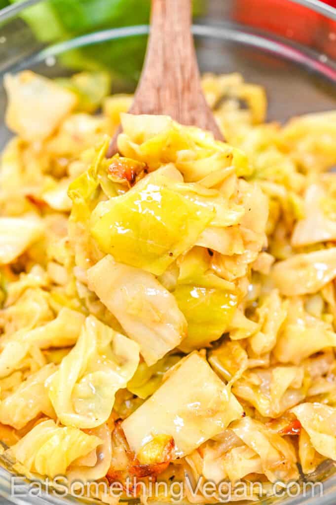 Roasted cabbage salad on wooden spoon