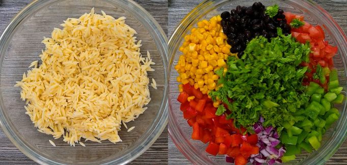 Orzo and chopped vegetables in mixing bowls