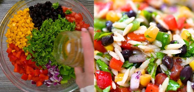 Pouring the dressing and mixing the salad