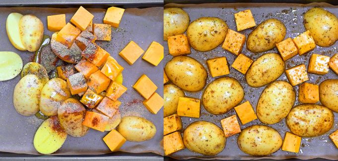 Mixed vegetables with oil and spices on a baking sheet