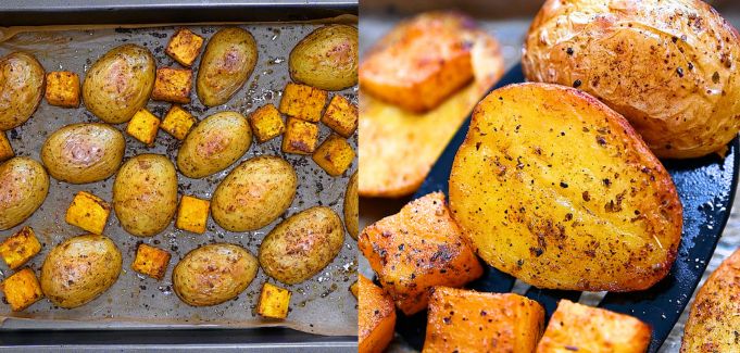 Golden roasted vegetables on a baking sheet